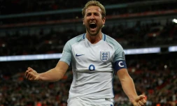 L'attaquant Harry Kane exulte après avoir inscrit l'unique but du match face à la Slovénie en qualif pour le Mondial-2018, à Wembley le 5 octobre 2017
