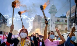 Manifestation contre le coup d'Etat militaire, le 14 juillet 2021 à Rangoun, en Birmanie