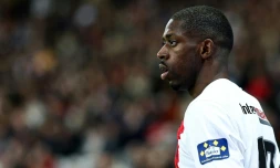 L'attaquant du Paris Saint-Germain Ousmane Dembélé le 1er avril 2025 contre l'USL Dunkerque, à Villeneuve-d'Ascq, en demi-finale de la Coupe de France