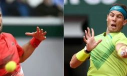 Montage photo du Serbe Novak Djokovic et de l'Espagnol Rafael Nadal, qui seront opposés en quart de finale, le 31 mai 2022 au tournoi de  Roland-Garros