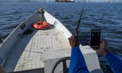 Alexandre Anderson de Souza, président de l'association de pêcheurs Ahomar, utilise une application pour dénoncer des délits environnementaux, le 1er août 2024, à Rio de Janeiro