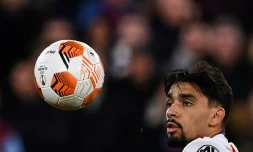 Le milieu lyonnais Lucas Paqueta lors du quart de finale aller de Ligue Europa contre West Ham Ă LOndres le 7 avril 2022