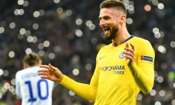 La joie d'Olivier Giroud auteur d'un triplé avec Chelsea sur la pelouse du Dinamo Kiev en Ligue Europa, le 14 mars 2019 