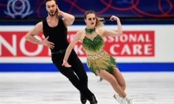 Les danseurs français Gabriella Papadakis et Guillaume Cizeron lors du programme court des Mondiaux de patinage artistique de Milan, le 23 mars 2018