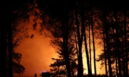 Un pompier observe un incendie de forêt qui fait rage près de Luglon, dans les Landes, le 13 août 2026