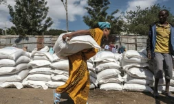 Une femme récupère un sac de blé lors d'une distribution d'aide alimentaire du gouvernement éthiopien à Alamata le 11 décembre 2020