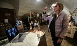 Madeleine Premmereur, viticultrice et gérante du chùteau Barbebelle lors d'une "visio-dégustation" avec des clients, le 28 avril 2020 à Rognes, dans les Bouches-du-RhÎne