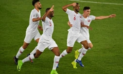 La joie des Qataris après le but d'Abdulaziz Hatim contre le Japon en finale de la Coupe d'Asie, le 1er février 2019 à Abou Dhabi
