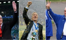 Les trois hommes ayant gagné la Coupe du monde en tant que joueur puis sélectionneur, de gauche à droite: l'Allemand Franz Beckenbauer, le Français Didier Deschamps, et le Brésilien Mario Zagallo 