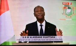 Capture d'écran de l'annonce télévisée faite par le président ivoirien Alassane Ouattara de l'aministie d'environ 800 personnes, dont l'ex-première dame Simone Gbagbo, le 6 août 2018 à Abidjan