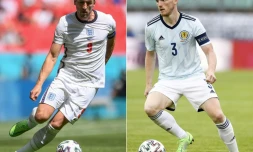 A gauche, l'attaquant anglais Harry Kane au stade de Wembley à Londres le 13 juin 2021, et à droite, le défenseur écossais Andy Robertson au stade Josy Barthel au Luxembourg le 6 juin 2021.