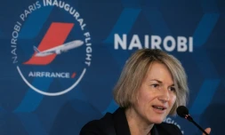 Anne Rigail lors d'une conférence de presse à l'occasion du lancement de la ligne Paris-Nairobi, à Nairobi le 26 mars 2018