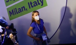 La militante suédoise Greta Thunberg, lors du Sommet des jeunes sur le réchauffement climatique à Milan, le 28 septembre 2021  