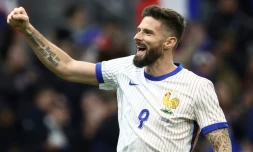 Le meilleur buteur de l'équipe de France Olivier Giroud lors d'un match amical contre le Chili, le 26 mars 2024 à Marseille
