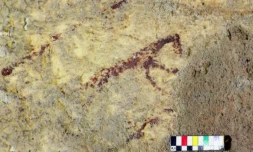 Photo fournie par l'université australienne de Griffith le 11 décembre 2019 montrant une scène de chasse préhistorique peinte il y a plus de 40.000 ans trouvée sur les parois d'une grotte du site de Leang Bulu Sipong, en Indonésie