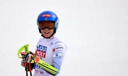 L'Américaine Mikaela Shiffrin aprÚs le super-G des finales de Coupe du monde de ski alpin à Courchevel le 17 mars 2022