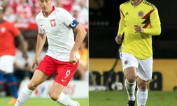 Montage photographique réalisé le 22 juin 2018 montrant le Polonais Robert Lewandowski (g) et le Colombien James Rodriguez, tous deux joueurs du Bayern Munich  