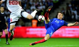 L'attaquant de l'équipe de France Kevin Gameiro lors du match face au Belarus en qualifications du Mondial-2018, le 6 septembre 2016 à Borisov  
