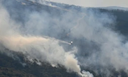 Un avion largue de l'eau sur un incendie à Maceda, au nord-ouest de l'Espagne, le 13 août 2025
