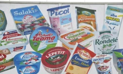 Différentes marques détenues par Lactalis reproduires sur le fronton du siège du groupe à Laval, le 12 janvier 2018