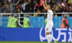 Le milieu suisse Granit Xhaka buteur face à la Serbie au Mondial, le 22 juin 2018 à Kaliningrad 