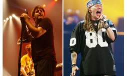 James Murphy of LCD Soundsystem le 23 avril 2005 au Printemps de Bourges et Axl Rose of Guns 'n Roses (R) à New York le 29 août 2002