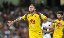 L'attaquant français JĂ©rĂ©my MĂ©nez fĂȘte un but, sous le maillot du Club AmĂ©rica, le 2 mai 2018 Ă Mexico