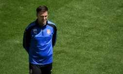 Le sélectionneur serbe Mladen Krstajic lors d'un entraînement de son équipe à Samara en Russie, le 15 juin 2018