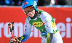 L'Américaine Mikaela Shiffrin après la deuxième manche du slalom géant de Coupe du monde de Sölden, en Autriche, le 23 octobre 2021