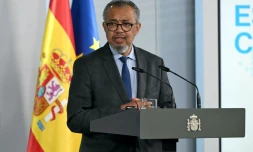 Le directeur général de l'Organisation mondiale de la santé (OMS), Tedros Adhanom Ghebreyesus, lors d'une conférence de presse au palais de la Moncloa à Madrid, le 12 mai 2026