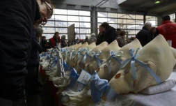Des poules, chapons et dindes sur un marché de Bourg-en-Bresse pendant le concours "Les Glorieuses of Bresse" le 16 décembre 2016