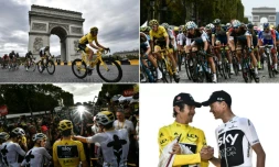 Montage de photos prises lors de la 21e et dernière étape du Tour de France, remporté par Geraint Thomas, le 29 juillet 2018