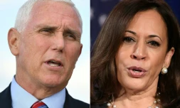 Mike Pence le 5 octobre 2020 à la base militaire d'Andrews et Kamala Harris, le 27 août 2020 à Washington