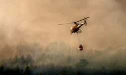 Un hélicoptère des pompiers lutte contre les flammes à Pouzols-Minervois, dans l'Aude, le 2 juillet 2026