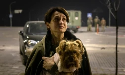 Une habitante de Kiev vient de quitter son appartement aprĂšs une frappe russe sur un entrepĂŽt voisin Ă Kiev le 20 mars 2022