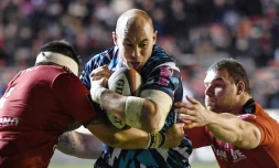 Le 3e ligne italo-argentin du Stade Français Sergio Parisse (c) face à la lutte avec les joueurs de Toulon, en Top 14 à Mayol, le 27 janvier 2019