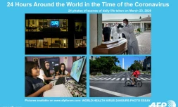 Pendant 24 heures, lundi 23 mars 2020, dans le monde où un tiers de l?humanité est sommée de rester chez elle, les photographes de l'AFP ont pris des instantanés de la vie quotidienne sous coronavirus