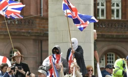 Manifestation anti-migrants de la formation "Britain First" le 2 août 2025 à Manchester
