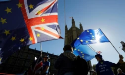 Des drapeaux sont agités lors d'une manifestation anti-Brexit à Londres le 9 octobre 2018