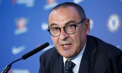 L'entraîneur de Chelsea Maurizio Sarri lors d'une conférence de presse, le 18 juillet 2018 à Stamford Bridge