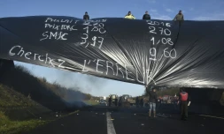 Des agriculteurs manifestent le 28 janvier 2016 sur une autoroute prĂšs de Saint-Ătienne-en-CoglĂšs (Ille-et-Vilaine)