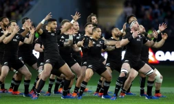 Les All Blacks effectuent le traditionnel Haka avant d'affronter les Wallabies lors du Rugby Championship, le 10 août 2019 à Perth