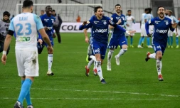 La joie des Strasbourgeois après avoir éliminé aux tirs au but Marseille en 8e de finale de la Coupe de la Ligue, le 19 décembre 2018 au Vélodrome