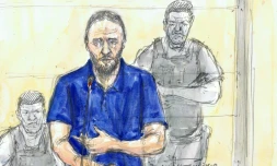 Croquis d'audience de Salah Abdeslam, le 14 avril 2022, devant la cour d'assises spéciale de Paris