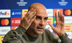 Pep Guardiola, l'entraîneur de Manchester City, en conférence de presse le 16 mai 2023 au centre d'entraînement du club à Manchester