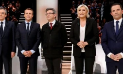Le premier débat télévisé entre les principaux candidats à la présidentielle  Francois Fillon, Emmanuel Macron, Jean-Luc Melenchon, Marine Le Pen, Benoit Hamon, le 20 mars à Aubervilliers