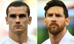 Portraits d'Antoine Griezmann le Français (g) et de Lionel Messi l'Argentin dans un photomontage réalisé le 28 juin 2018 