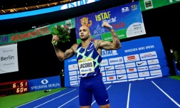 Le sprinteur italien Lamont Marcell Jacobs vainqueur de la finale du 60 m indoor à Berlin, le 4 février 2022