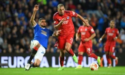 L'Olympique lyonnais avec Islam Slimani en pointe a dominé les Rangers de Glasgow, à Ibrox Park, le 16 septembre 2021  