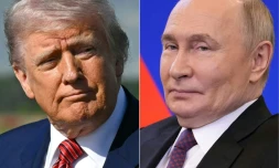 A gauche, le président américain Donald Trump, photographié à Morristown dans le New Jersey (Etats-Unis) le 23 mai 2025, et à droite le président russe Vladimir Poutine à Moscou, en Russie, le 28 mai 2025
